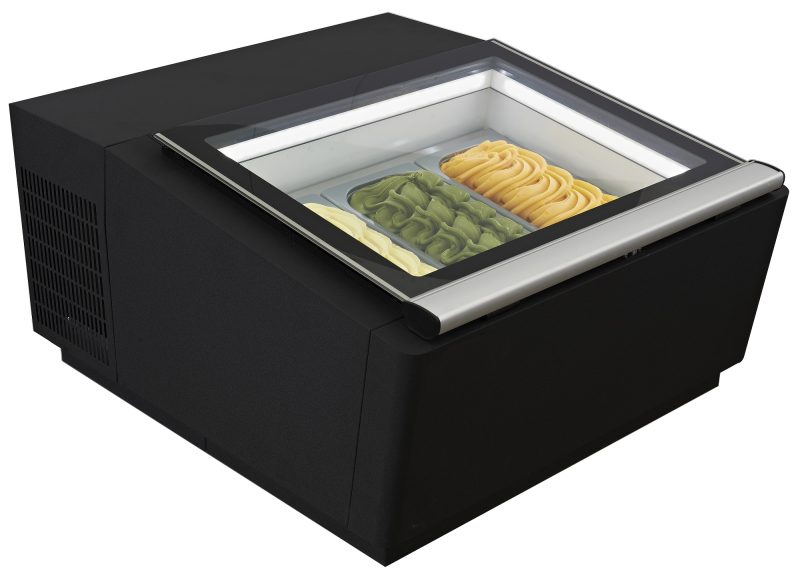 MODÈLE DE TABLE VITRINE À CREME GLACÉE NOIR S'OUVRE DU CÔTÉ FONCTIONNEMENT