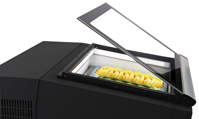 MODÈLE DE TABLE VITRINE À CREME GLACÉE NOIR S'OUVRE DU CÔTÉ FONCTIONNEMENT – Image 2