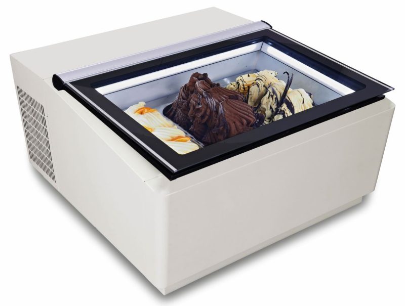 MODÈLE DE TABLE VITRINE À CREME GLACÉE BLANC S'OUVRE DU CÔTÉ CLIENT