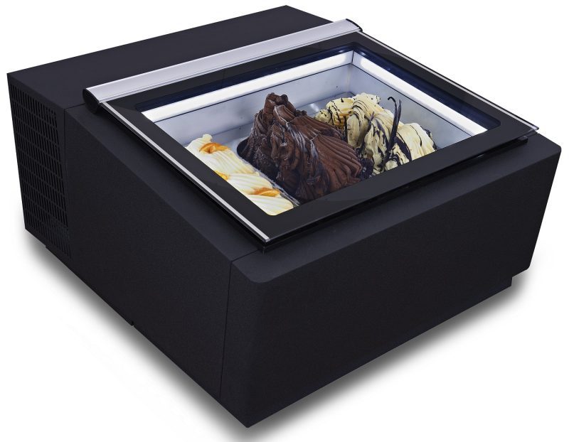 MODÈLE DE TABLE VITRINE À CREME GLACÉE NOIR S'OUVRE DU CÔTÉ CLIENT