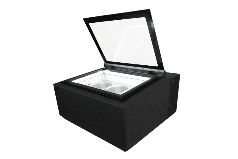 MODÈLE DE TABLE VITRINE À CREME GLACÉE NOIR S'OUVRE DU CÔTÉ CLIENT – Image 7