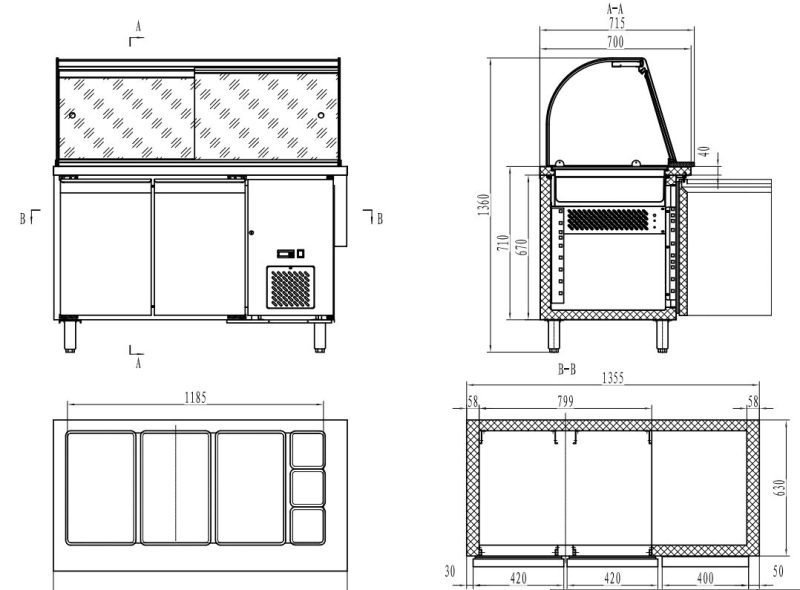 700 TABLE RÉFRIGÉRÉE AVEC VERRE 2 PORTES 3X 1/1 + 3X 1/6 GN RÉCIPIENT – Image 3