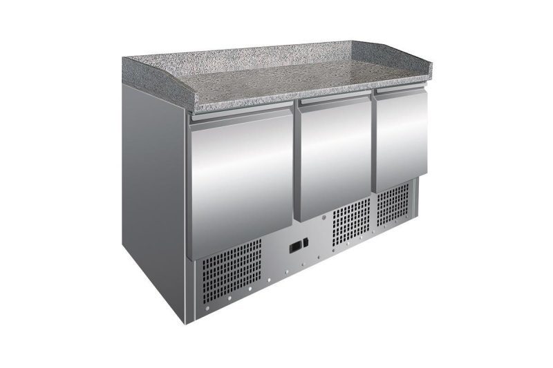 TABLE DE PREPARATION SALADES, PIZZAS, SANDWICHS 3 PORTES - DESSUS GRANIT
