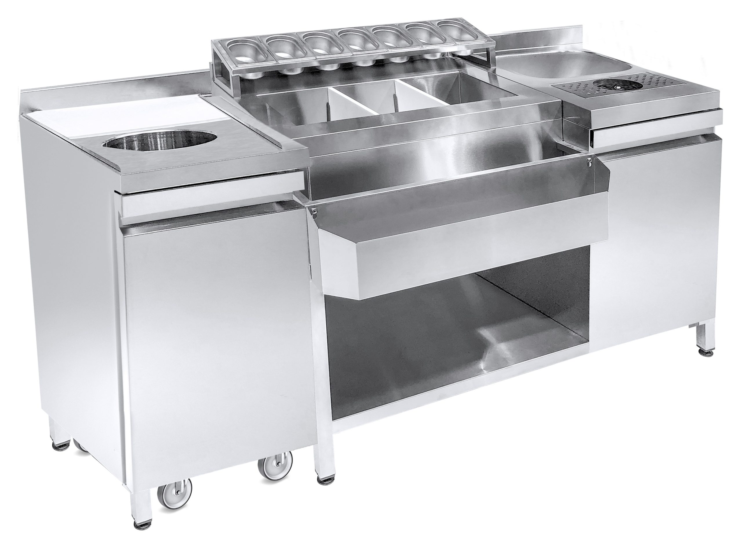 COCKTAILS BAR STATION INCL. ÉVIER, LAVE-VERRES, BACS GN, SPEEDRAIL PORTE-BOUTEILLES, PLANCHE À DÉCOUPER ET POUBELLE